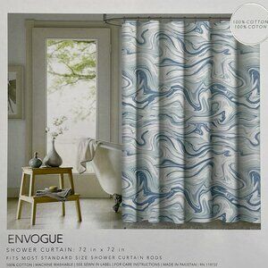 Envogue Fabric Shower Curtain Blue and White Wavy Marbled Design Carrara Seafoam
